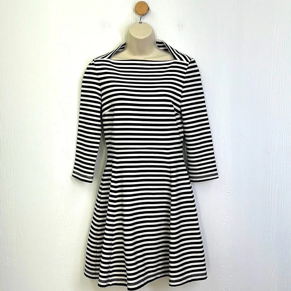 Kate Spade - Brooke Street Black & White Stripes Quarter Sleeve Midi Dress SM